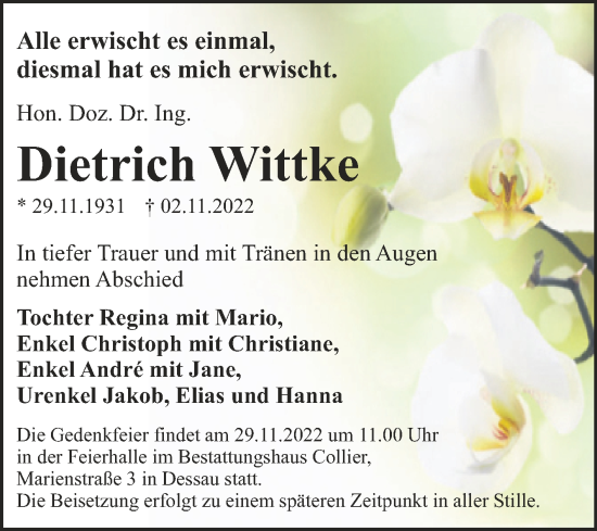 Traueranzeige von Dietrich Wittke von Trauerkombi Dessau