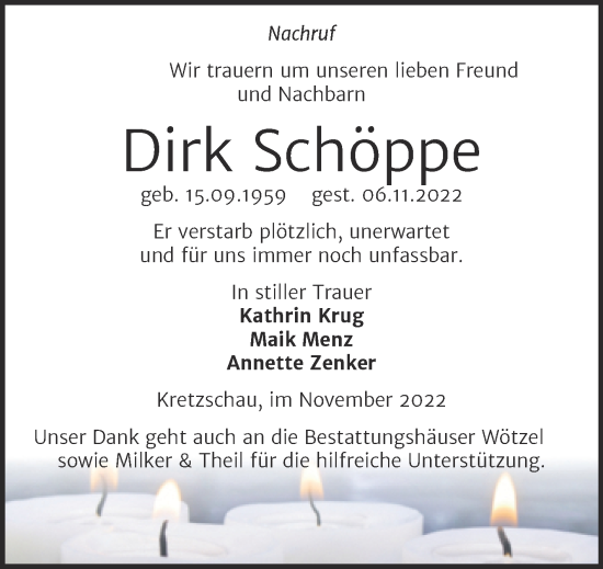 Traueranzeige von Dirk Schöppe von Trauerkombi Zeitz