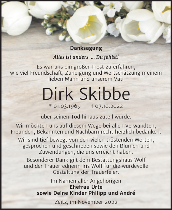 Traueranzeige von Dirk Skibbe von Trauerkombi Zeitz