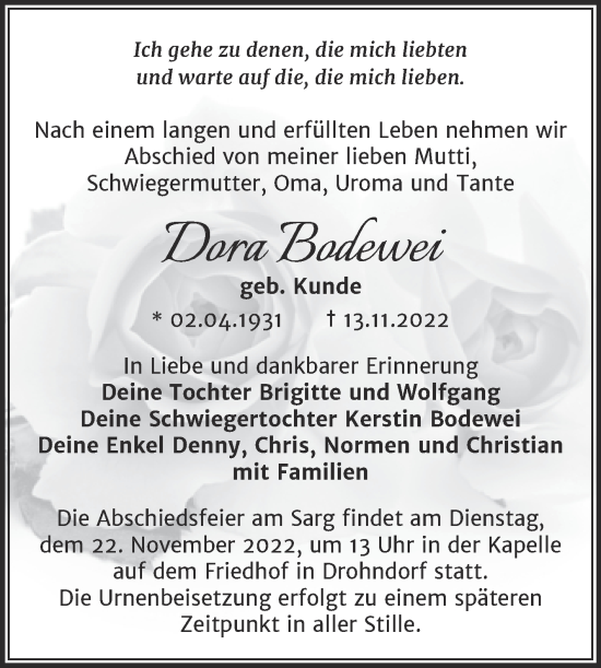 Traueranzeige von Dora Bodewei von Trauerkombi Aschersleben