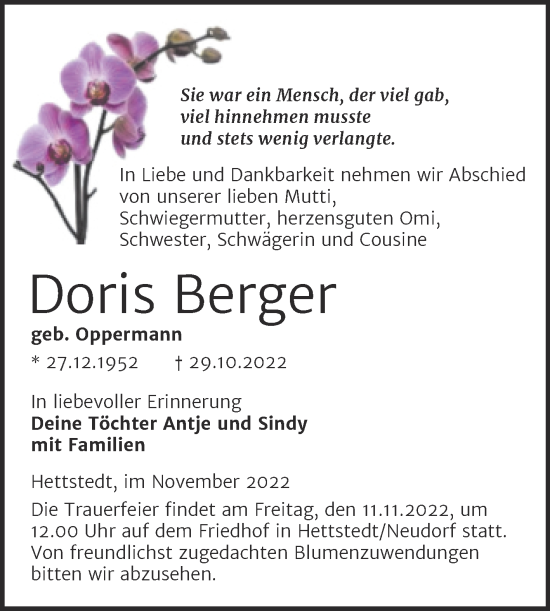 Traueranzeige von Doris Berger von Trauerkombi Mansfelder Land