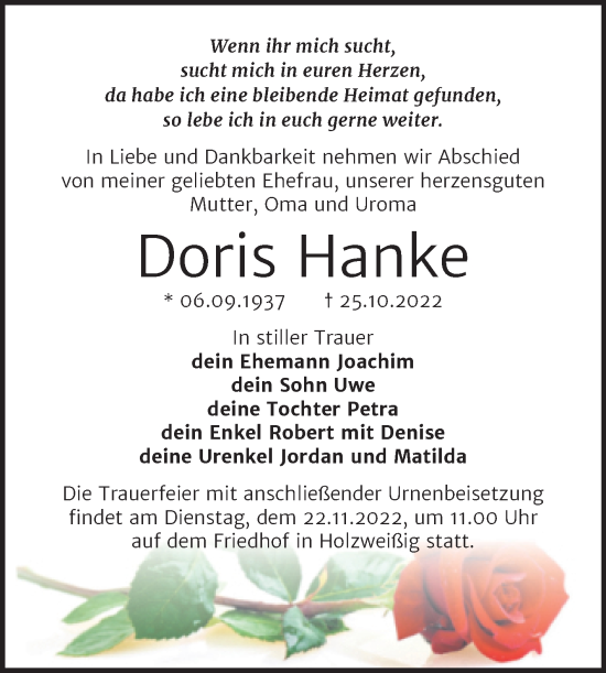Traueranzeige von Doris Hanke von Trauerkombi Bitterfeld