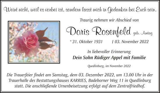 Traueranzeige von Doris Rosenfeld von Trauerkombi Quedlinburg