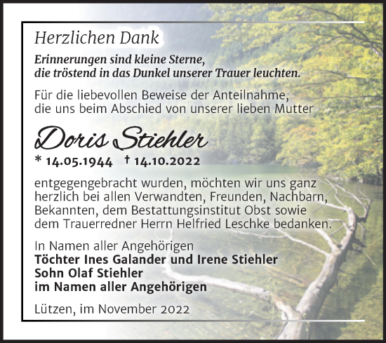 Traueranzeige von Doris Stiehler von Trauerkombi Weißenfels