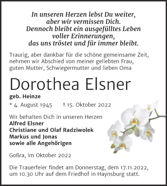 Traueranzeige von Dorothea Elsner von Trauerkombi Zeitz