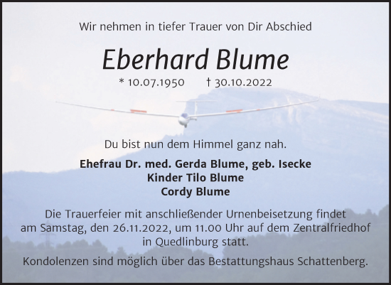 Traueranzeige von Eberhard Blume von Trauerkombi Quedlinburg