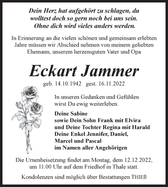 Traueranzeige von Eckart Jammer von Trauerkombi Quedlinburg