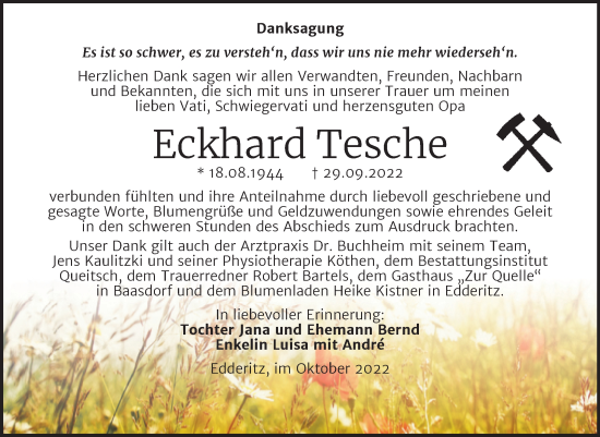 Traueranzeige von Eckhard Tesche von Trauerkombi Köthen