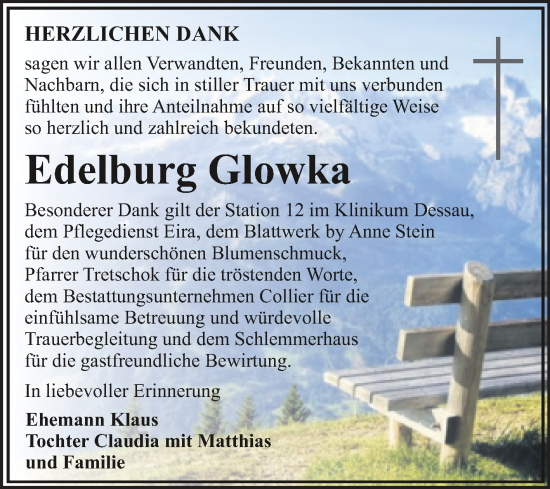 Traueranzeige von Edelburg Glowka von Trauerkombi Dessau