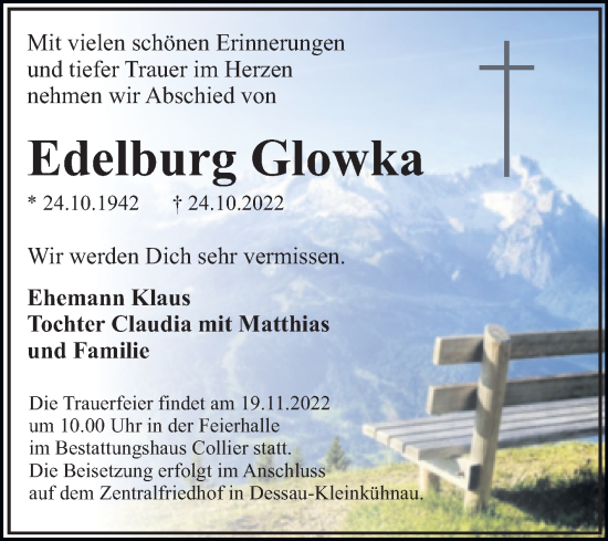 Traueranzeige von Edelburg Glowka von Trauerkombi Dessau