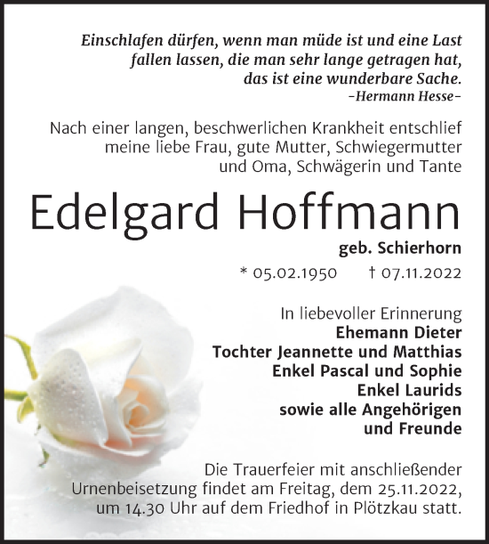 Traueranzeige von Edelgard Hoffmann von Trauerkombi Bernburg