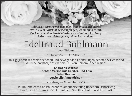 Traueranzeige von Edeltraud Bohlmann von Trauerkombi Bernburg