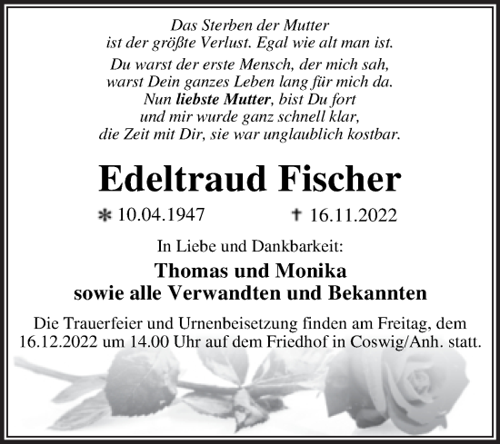 Traueranzeige von Edeltraud Fischer von Trauerkombi Wittenberg