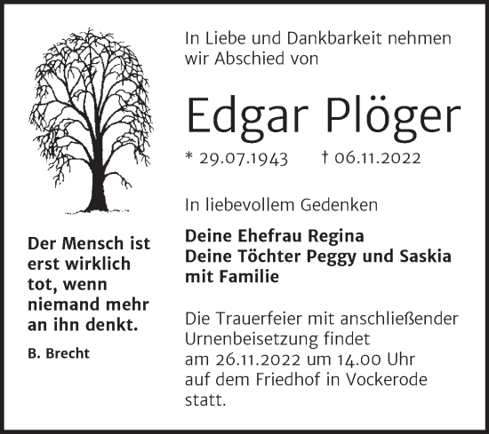 Traueranzeige von Edgar Plöger von Trauerkombi Wittenberg