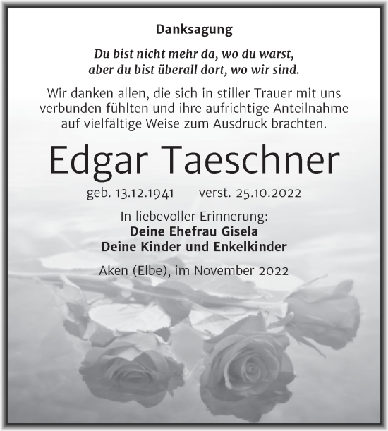 Traueranzeige von Edgar Taeschner von Trauerkombi Dessau