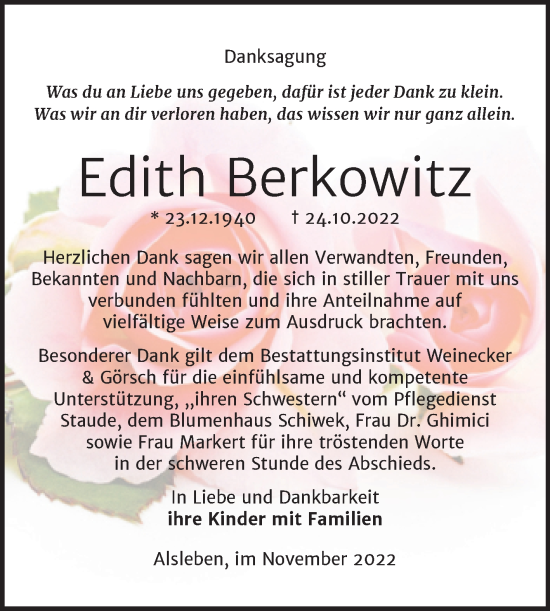 Traueranzeige von Edith Berkowitz von Trauerkombi Bernburg