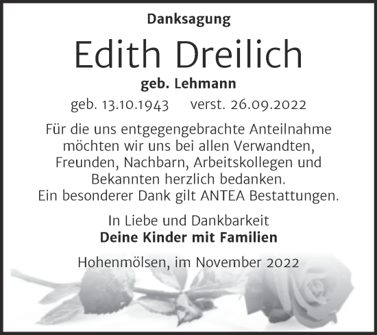 Traueranzeige von Edith Dreilich von Trauerkombi Weißenfels