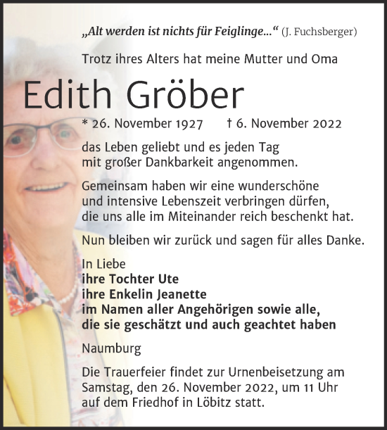 Traueranzeige von Edith Gröber von Naumburger Tageblatt