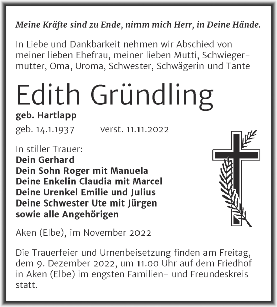 Traueranzeige von Edith Gründling von Trauerkombi Köthen
