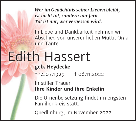 Traueranzeige von Edith Hassert von Trauerkombi Quedlinburg