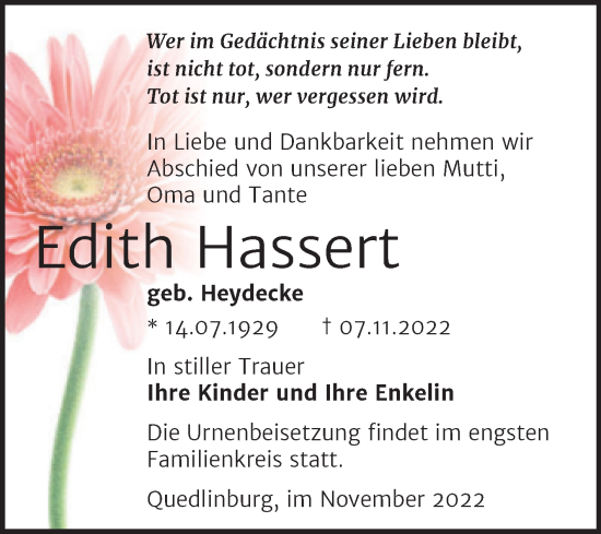 Traueranzeige von Edith Hassert von Trauerkombi Quedlinburg