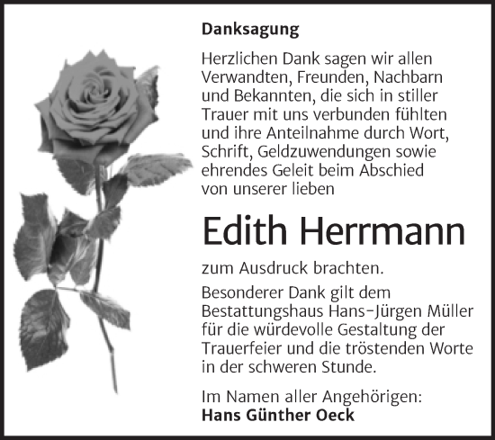 Traueranzeige von Edith Herrmann von Trauerkombi Aschersleben