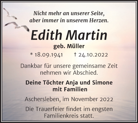 Traueranzeige von Edith Martin von Trauerkombi Aschersleben