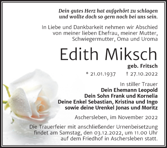 Traueranzeige von Edith Miksch von Trauerkombi Aschersleben