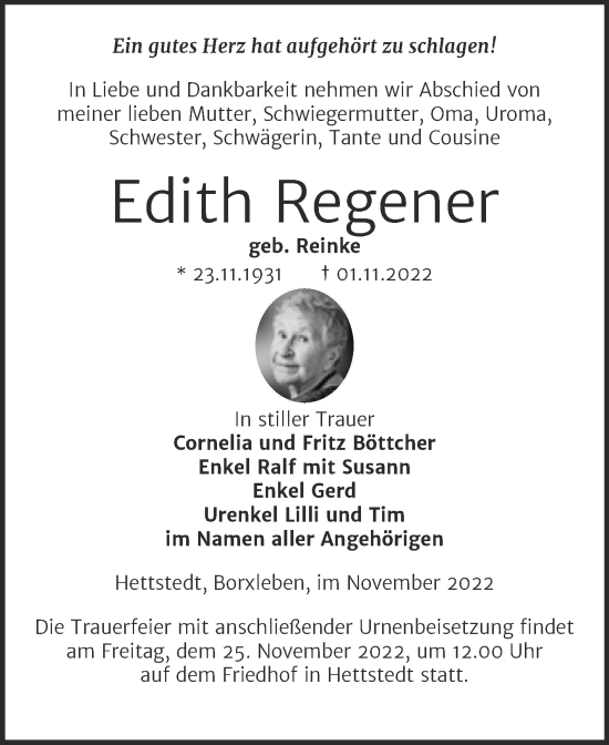 Traueranzeige von Edith Regener von Mitteldeutsche Zeitung Mansfelder Land