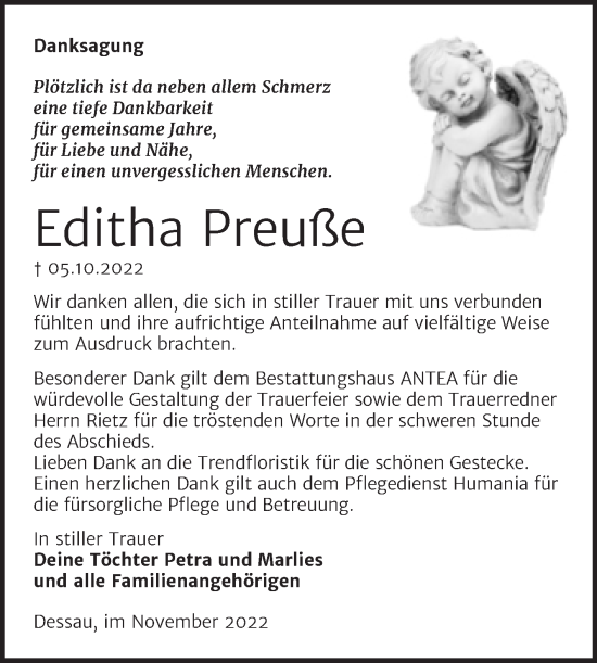 Traueranzeige von Editha Preuße von Trauerkombi Dessau