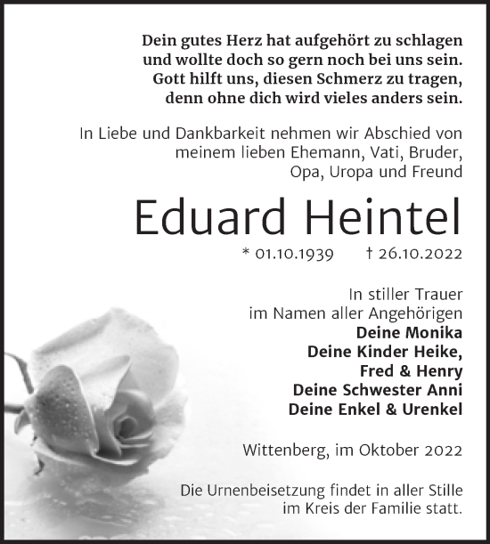 Traueranzeige von Eduard Heintel von Trauerkombi Wittenberg