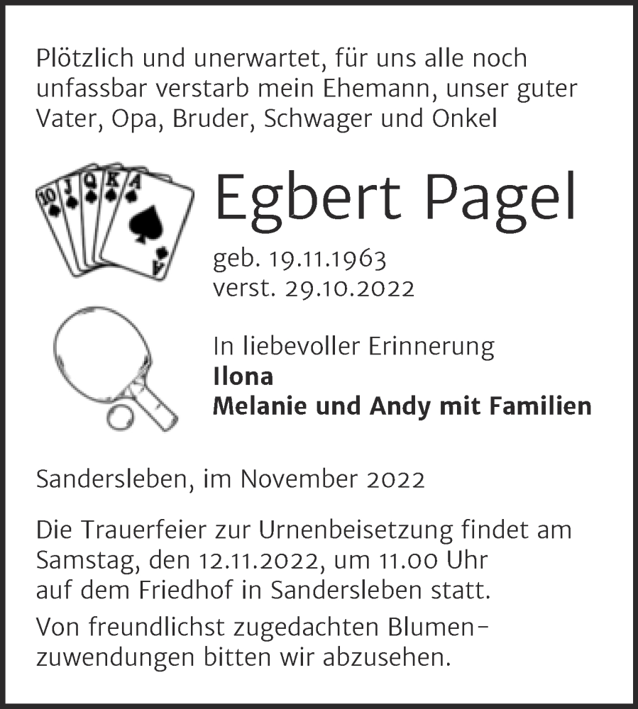  Traueranzeige für Egbert Pagel vom 05.11.2022 aus Trauerkombi Mansfelder Land