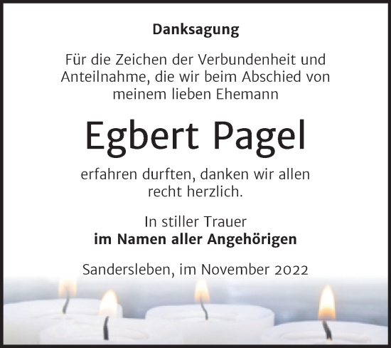 Traueranzeige von Egbert Pagel von Trauerkombi Mansfelder Land