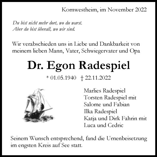 Traueranzeige von Egon Radespiel von Trauerkombi Köthen