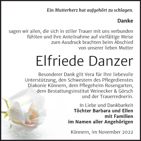 Traueranzeige von Elfriede Danzer von Trauerkombi Bernburg