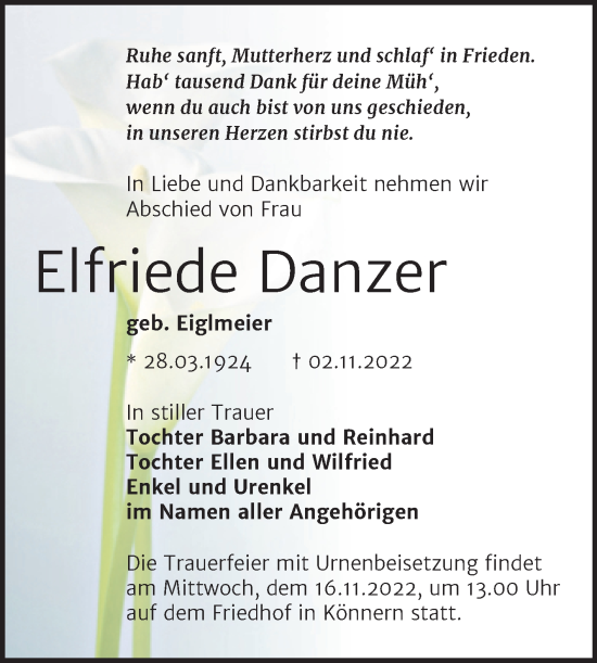 Traueranzeige von Elfriede Danzer von Trauerkombi Bernburg