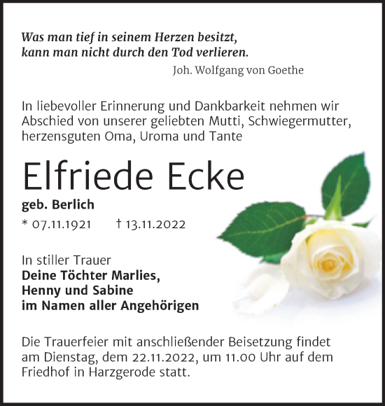 Traueranzeige von Elfriede Ecke von Trauerkombi Quedlinburg