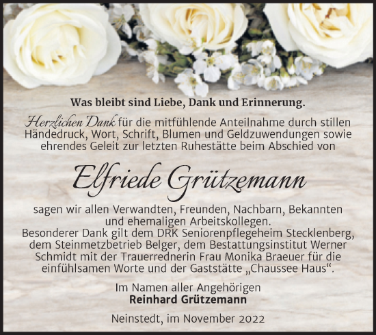 Traueranzeige von Elfriede Grützemann von Trauerkombi Quedlinburg