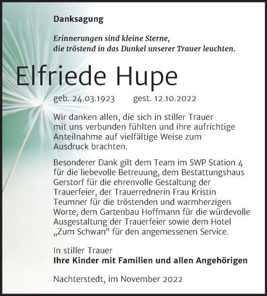 Traueranzeige von Elfriede Hupe von Trauerkombi Aschersleben