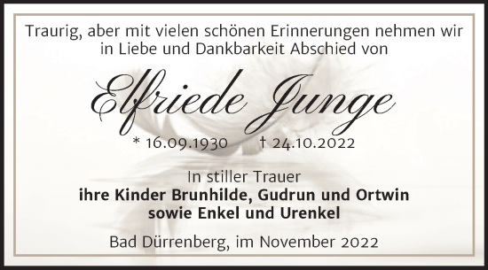 Traueranzeige von Elfriede Junge von Trauerkombi Merseburg