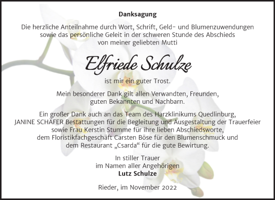 Traueranzeige von Elfriede Schulze von Trauerkombi Quedlinburg