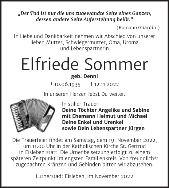 Traueranzeige von Elfriede Sommer von Mitteldeutsche Zeitung Mansfelder Land