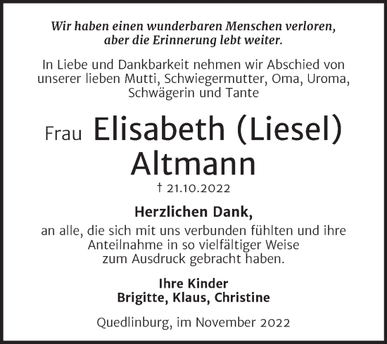 Traueranzeige von Elisabeth Altmann von Super Sonntag Quedlingburg