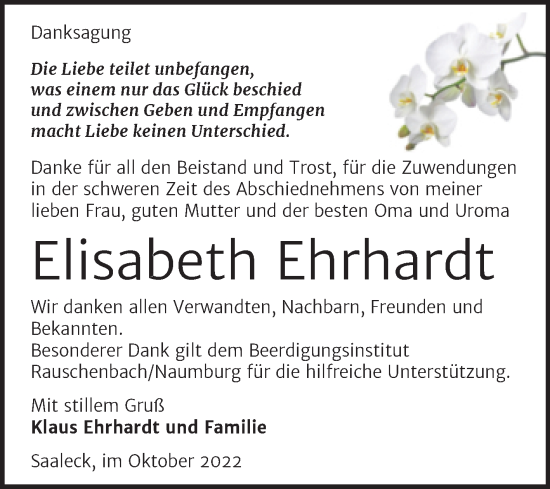 Traueranzeige von Elisabeth Ehrhardt von Wochenspiegel Naumburg/Nebra