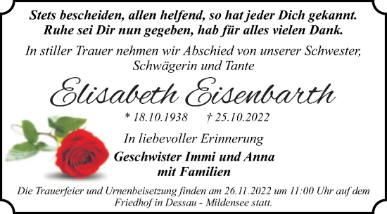 Traueranzeige von Elisabeth Eisenbarth von Trauerkombi Dessau
