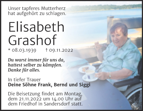 Traueranzeige von Elisabeth Grashof von Trauerkombi Bitterfeld