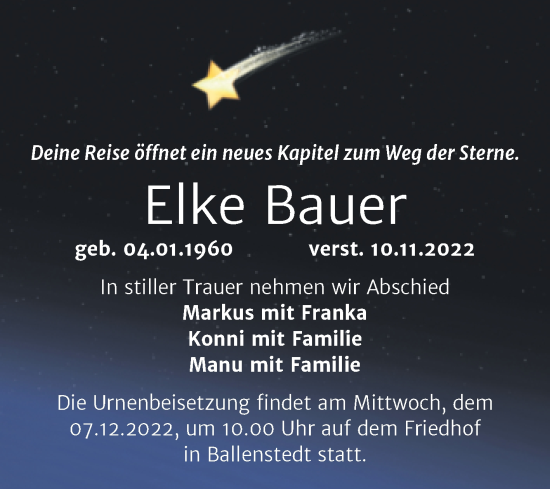 Traueranzeige von Elke Bauer von Super Sonntag Quedlingburg