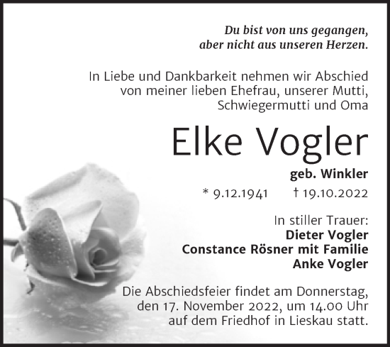 Traueranzeige von Elke Vogler von Mitteldeutsche Zeitung Halle/Saalkreis