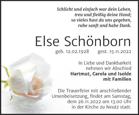 Traueranzeige von Else Schönborn von Mitteldeutsche Zeitung Halle/Saalkreis