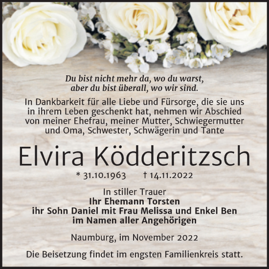 Traueranzeige von Elvira Ködderitzsch von Super Sonntag Naumburg/Nebra